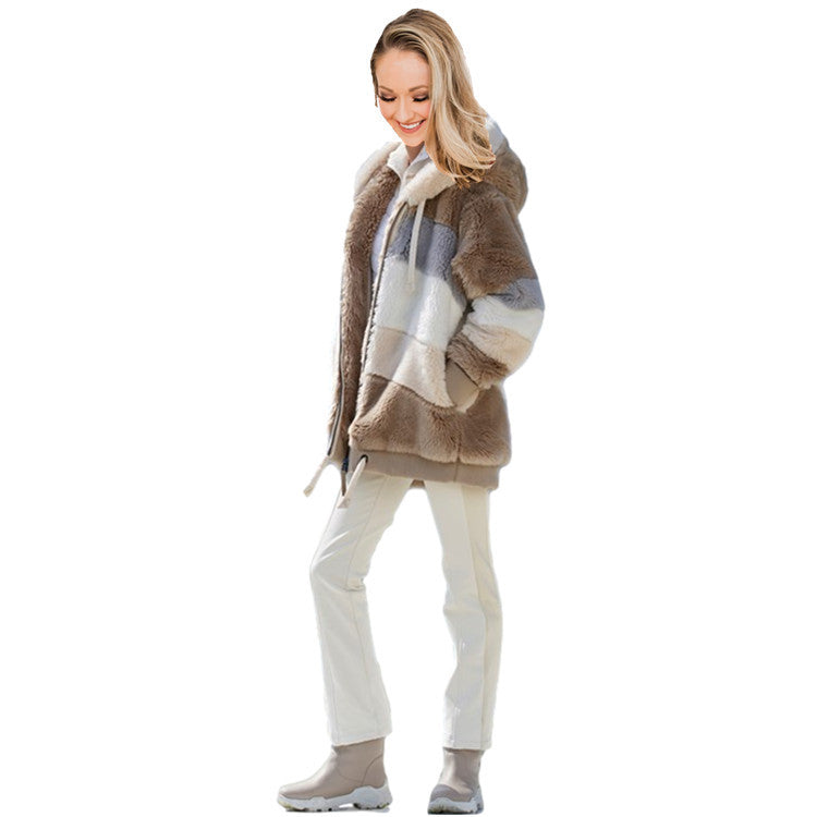 Women's Loose Plush Multicolor Hooded Jacket - Clevecorner