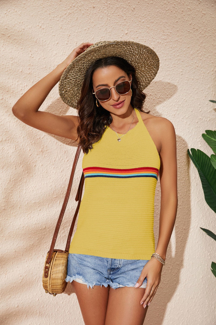 Rainbow Color Stripe Halter Backless Knitted Lace-up Vest