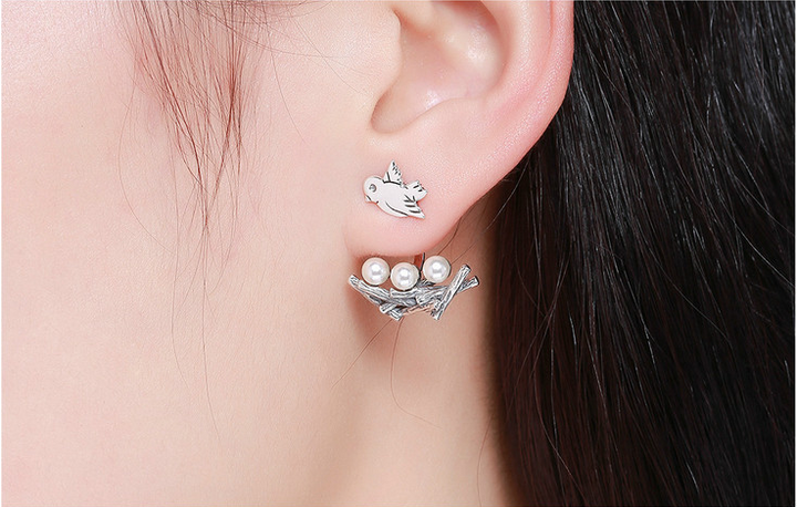 Sterling Silver Simple Birds And Pearls Earrings