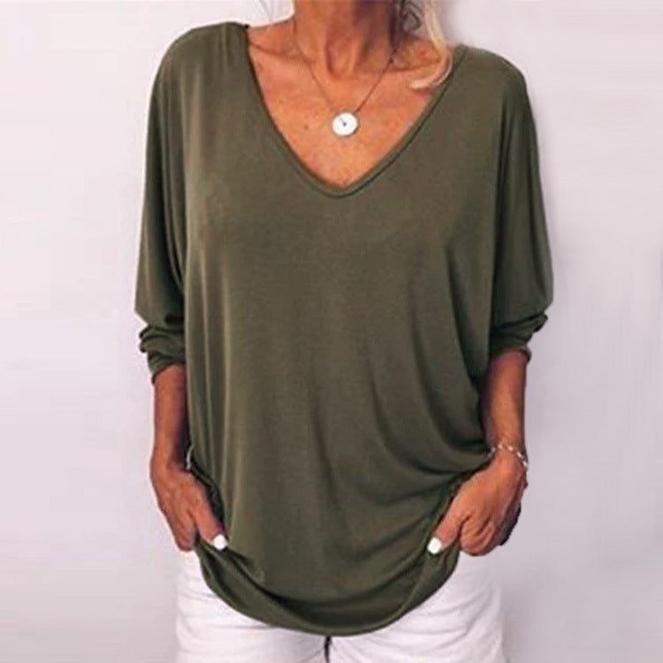 V-neck bat long sleeve back button T-shirt - Clevecorner