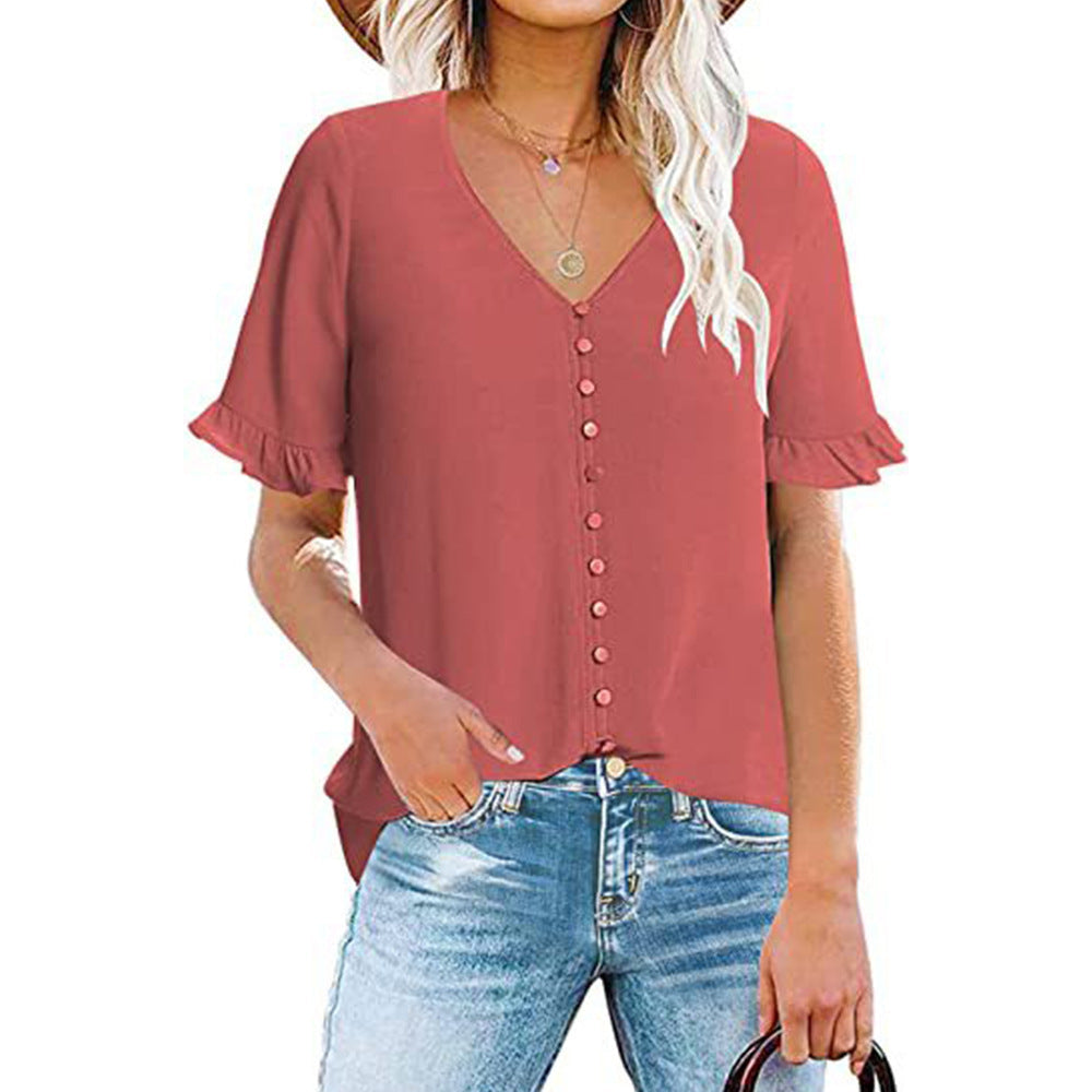 Women's Ruffle V-Neck Button-Down Shirt - Clevecorner