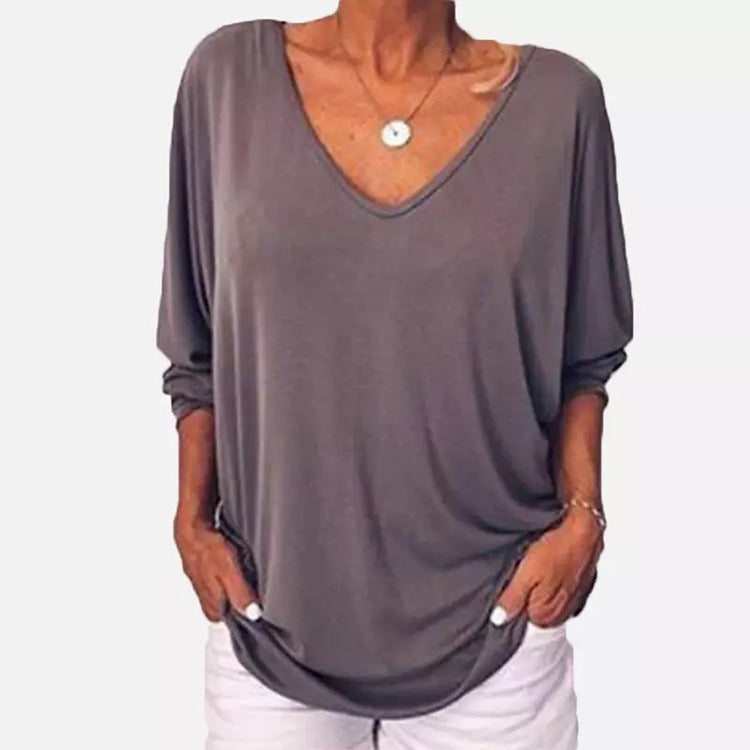 V-neck bat long sleeve back button T-shirt - Clevecorner