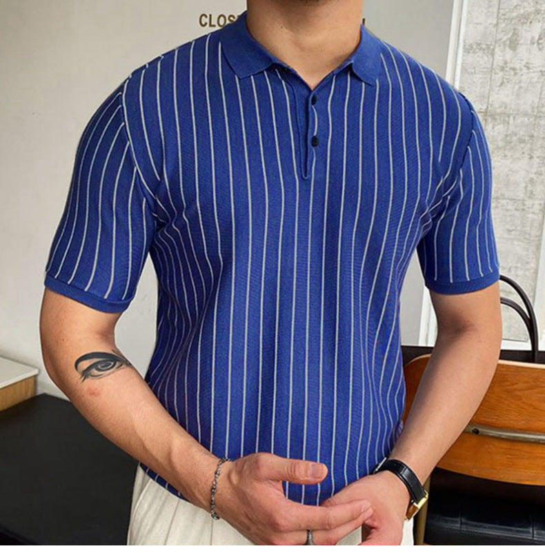 Striped Slim-Fit Short Sleeve Business Shirt with Lapel