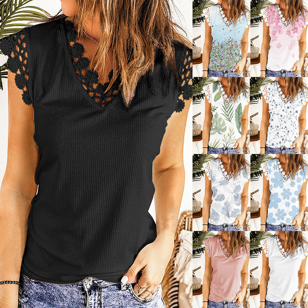 V-neck Lace Casual Pit Strip Pullover Top - Clevecorner