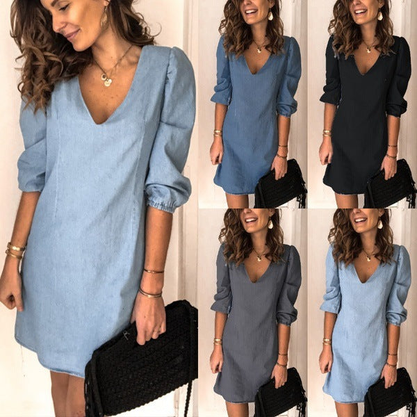 V-neck Short-sleeved Cotton And Linen Dress - Clevecorner