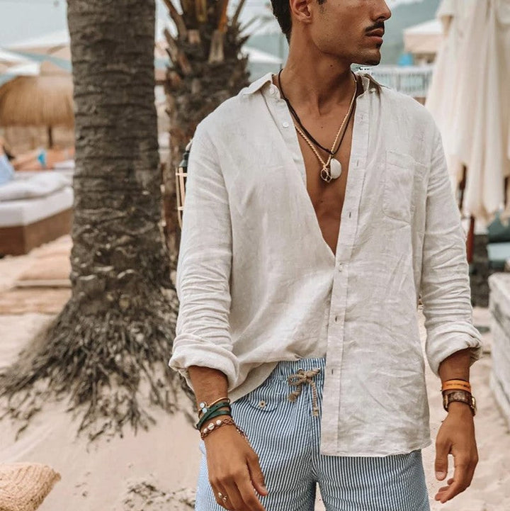 Explosion Style Men's Long-Sleeved Button Cotton and Linen Shirt