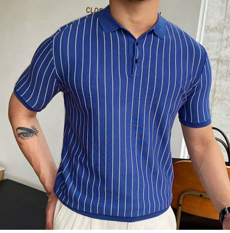 Striped Slim-Fit Short Sleeve Business Shirt with Lapel