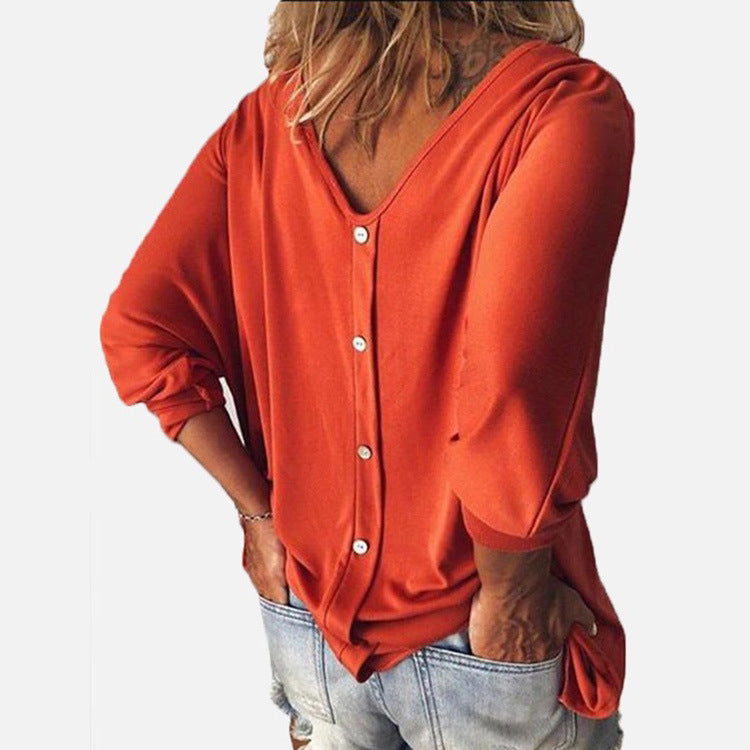 V-neck bat long sleeve back button T-shirt - Clevecorner