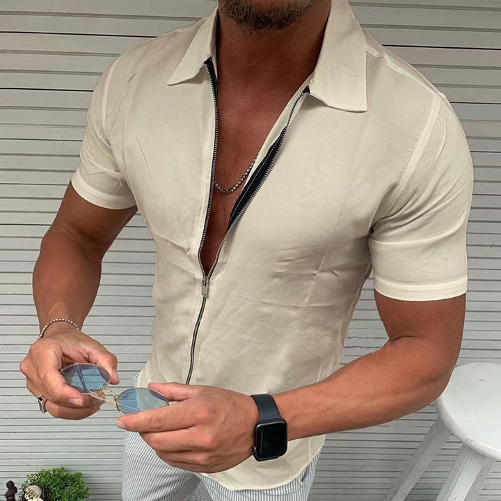 Solid Color Zipper Short Sleeve Cardigan