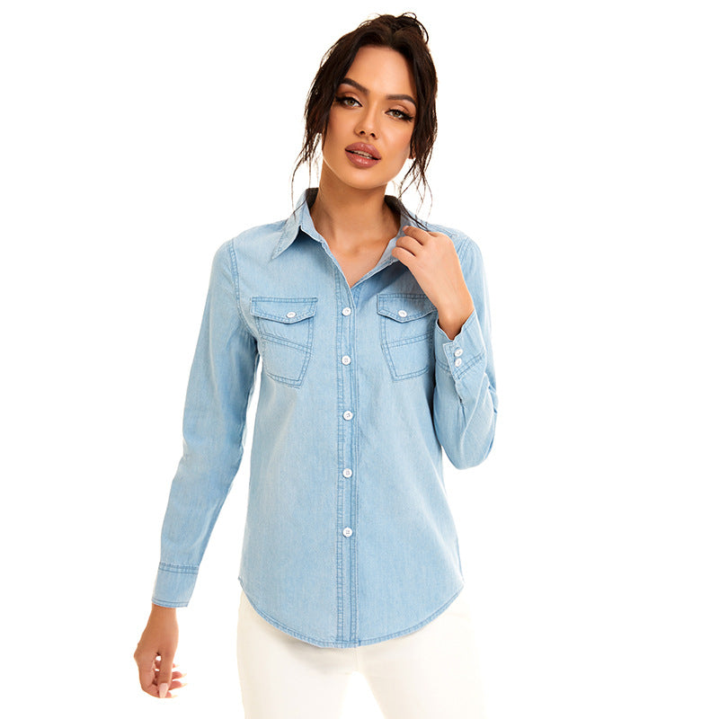 Women's Denim Irregular Pocket Shirt Jacket - Clevecorner