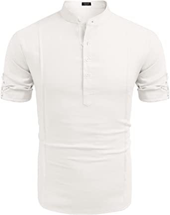Henley Linen Men Casual Short Sleeve T-Shirt