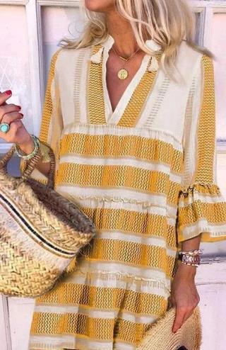 Women's Striped Print V Neck Three Quarter Sleeve Dress - Clevecorner