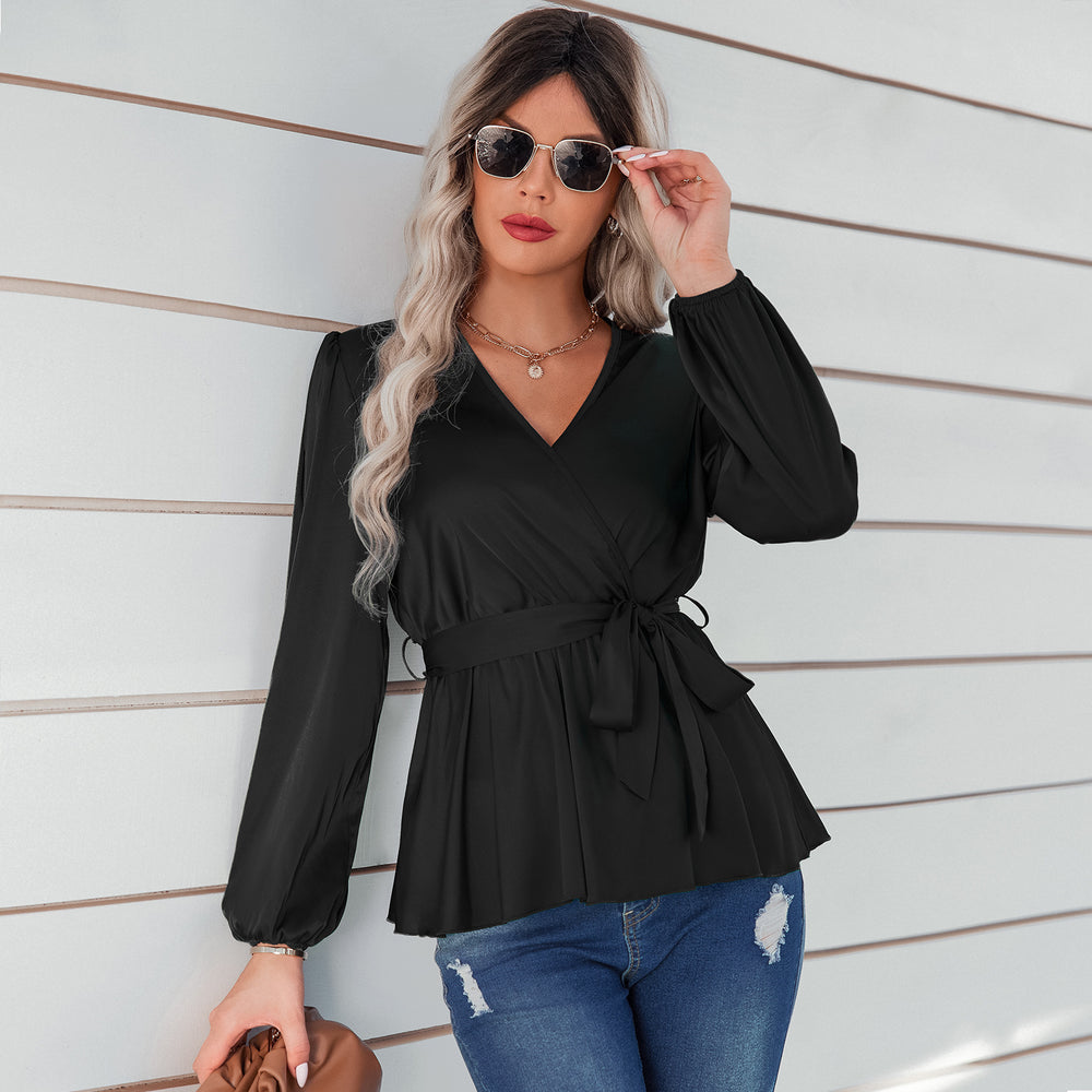 Women's Thin Fashion Tie Waist V-Neck Shirt - Clevecorner