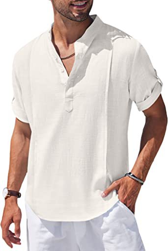 Henley Linen Men Casual Short Sleeve T-Shirt