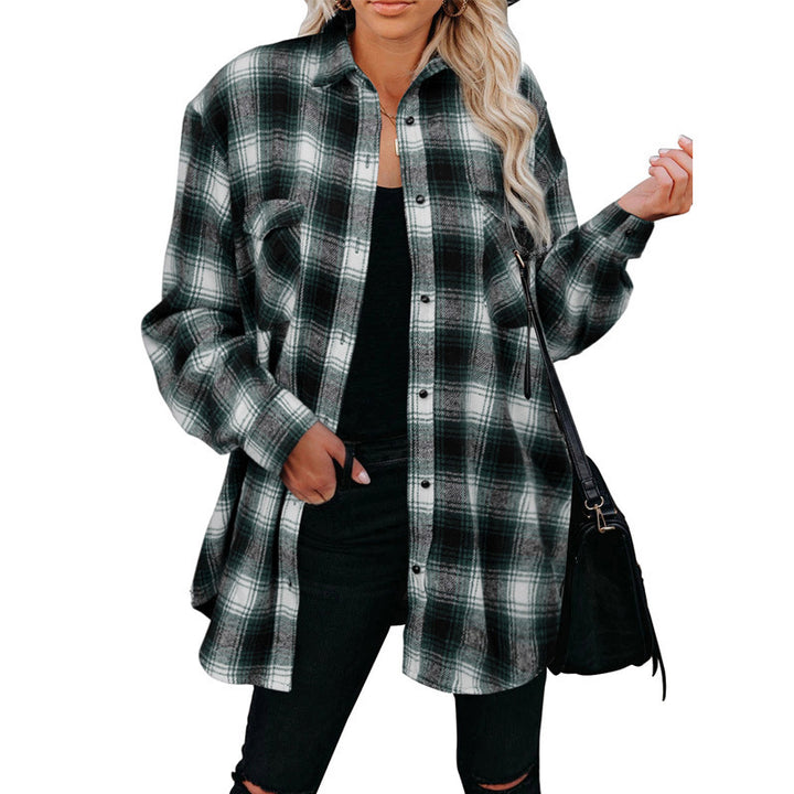 Women's Plaid Mid Length Loose Lapel Cardigan Shirt - Clevecorner