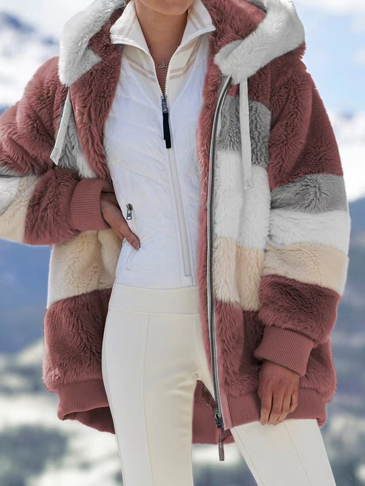 Women's Loose Plush Multicolor Hooded Jacket - Clevecorner