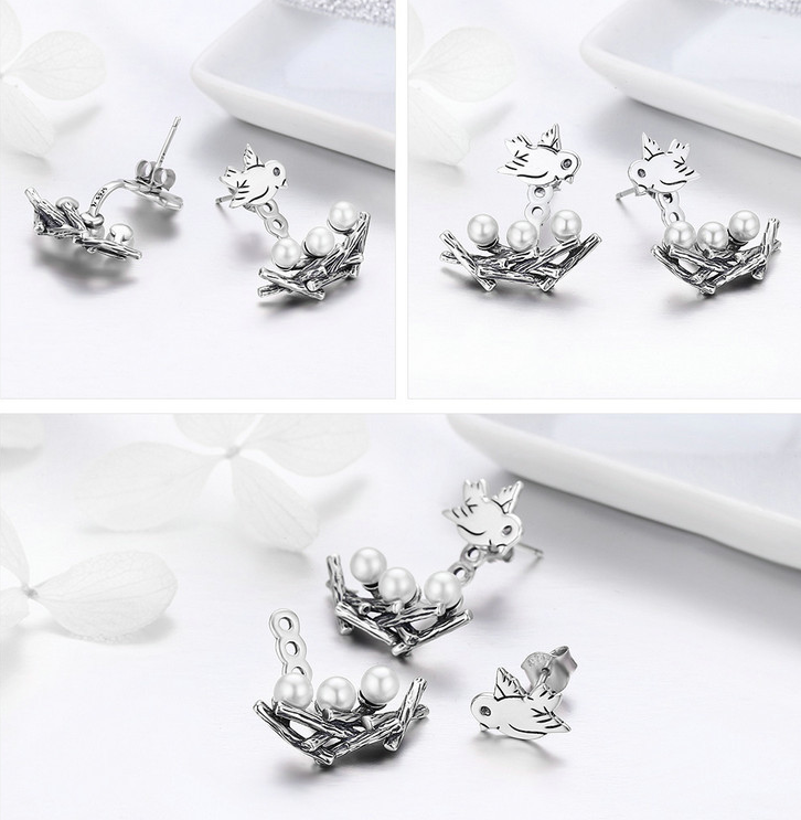 Sterling Silver Simple Birds And Pearls Earrings