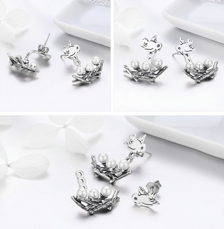 Sterling Silver Simple Birds And Pearls Earrings