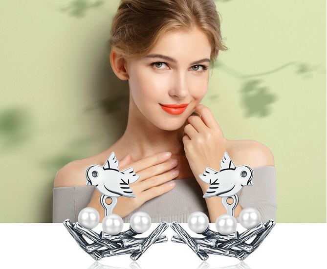 Sterling Silver Simple Birds And Pearls Earrings