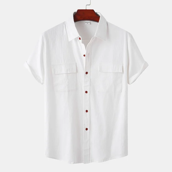 Men's Solid Color Casual Cotton Linen Short Sleeve Shirt