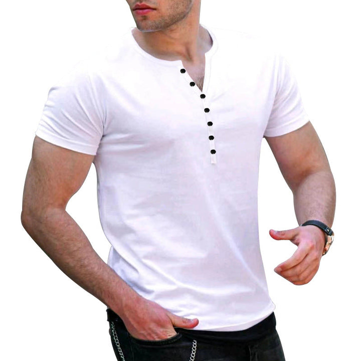 Refined Henley Elegance: Men's Short Sleeve Button-Up Solid Color T-Shirt