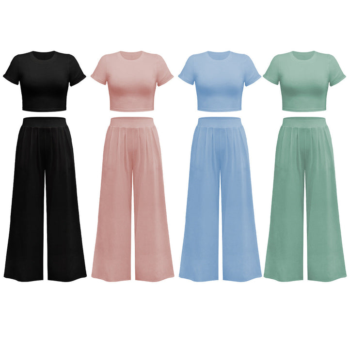Solid Color Top Wide Leg Pants Two Piece Set