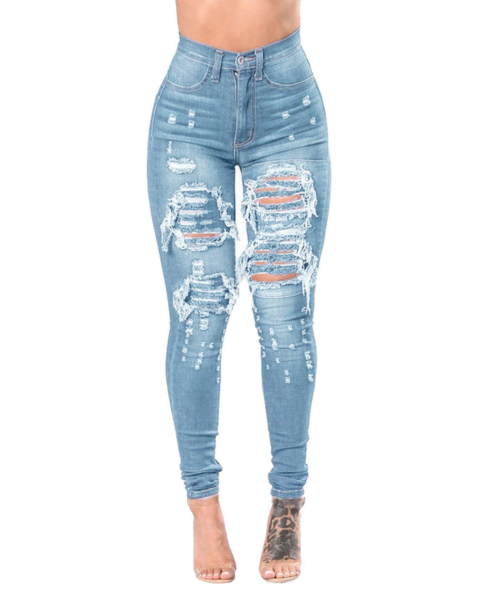 Women's Ripped Denim Washed Denim Pants - Clevecorner