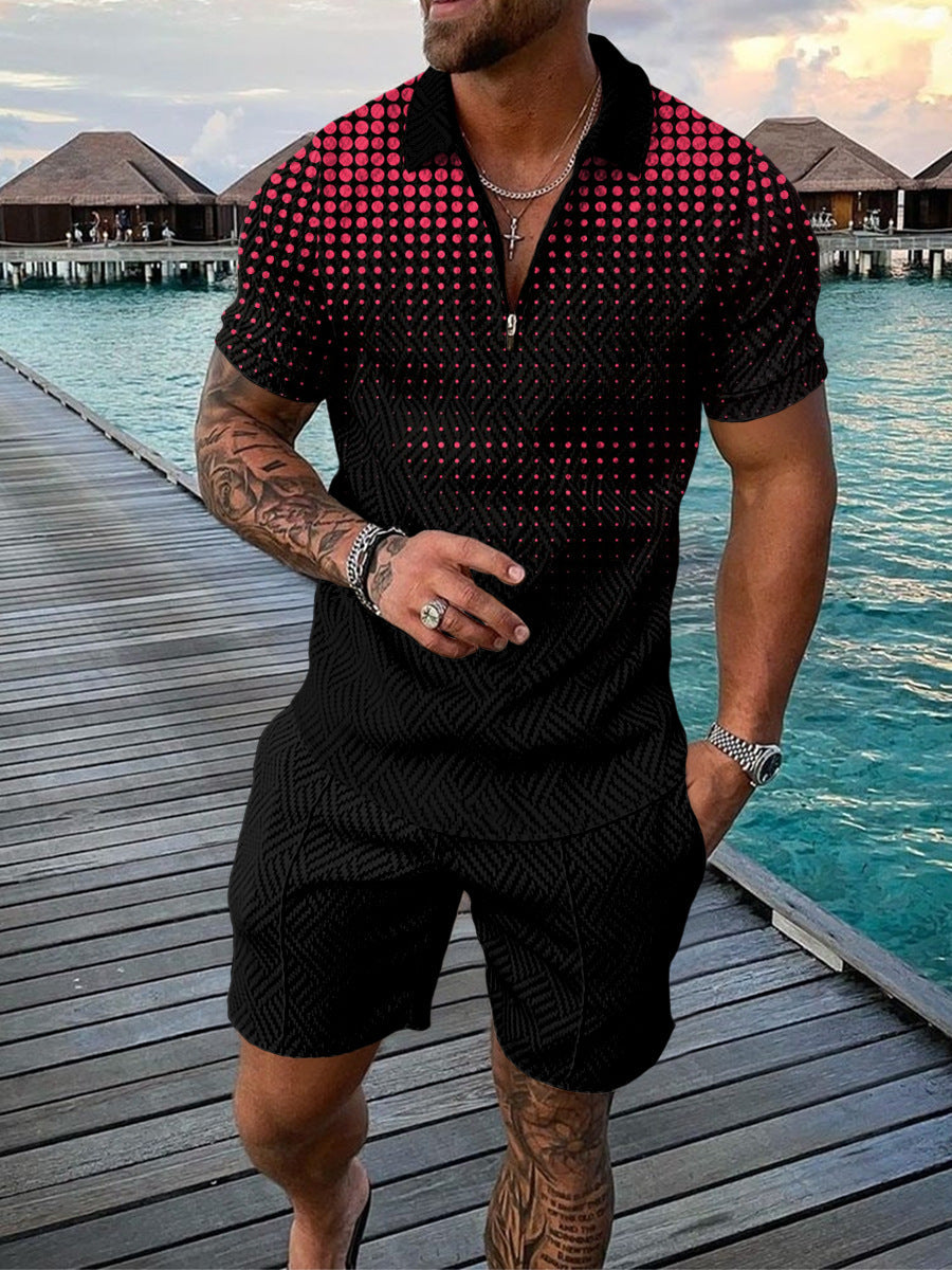 Men's Casual Color Contrast Polo Shirt - Short Sleeve Zip Lapel Suit