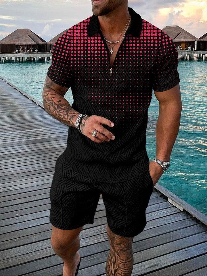 Men's Casual Color Contrast Polo Shirt - Short Sleeve Zip Lapel Suit