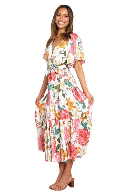 V-Neck Print Short Sleeve Bohemian Dress - Clevecorner