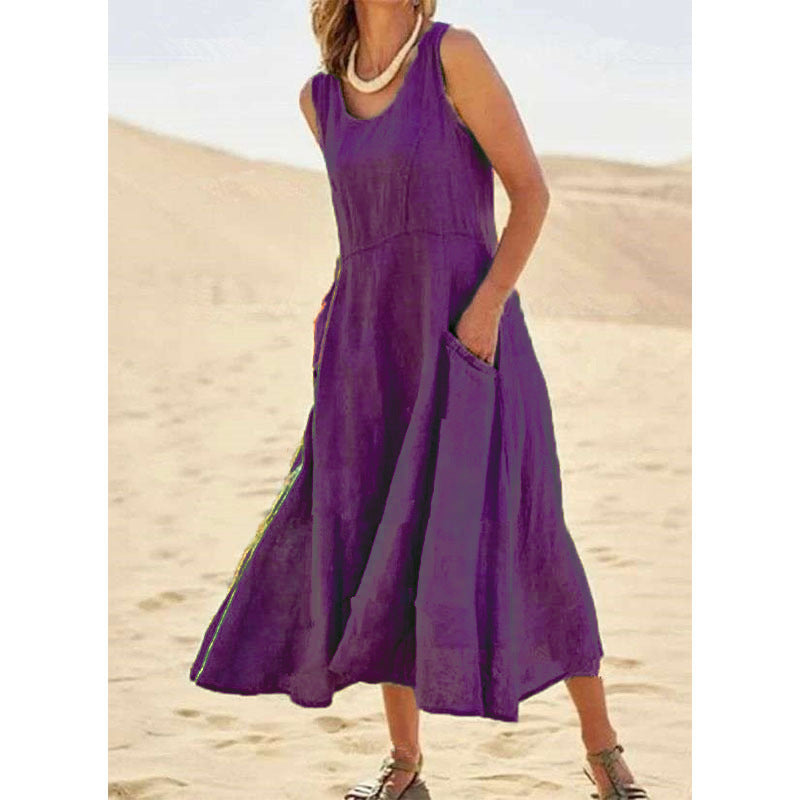 Sleeveless Cotton And Linen Solid Color Beach Dress With Big Swing Skirt