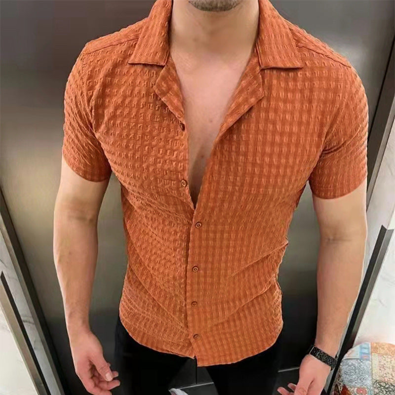 Men's Lapel Cotton Jacquard Short-Sleeve Shirt