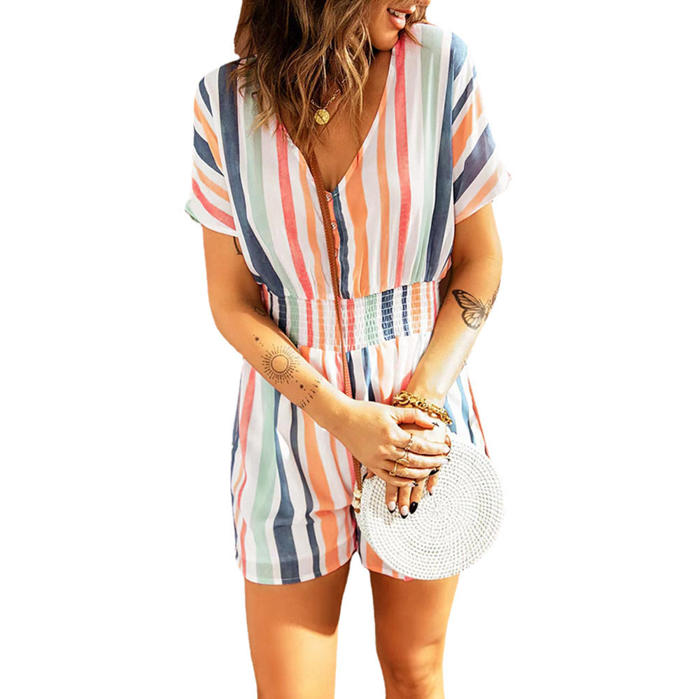 Summer Fashion Women's Elastic Waist Striped Bodysuit - Clevecorner