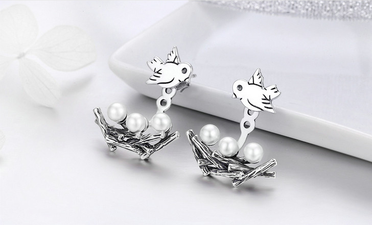 Sterling Silver Simple Birds And Pearls Earrings