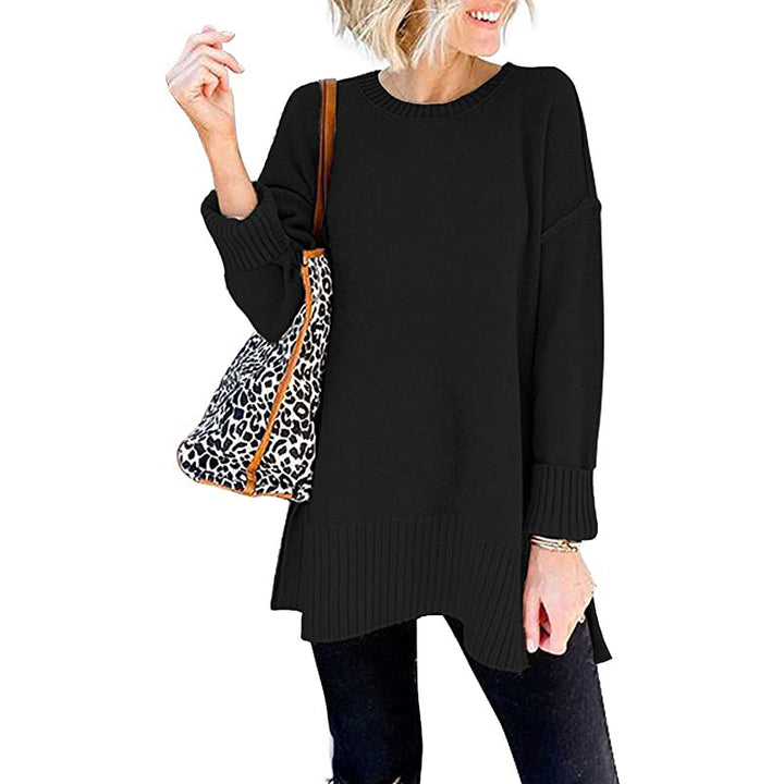 Long Sleeve Side Slit Loose Wool Knit Pullover Blouse