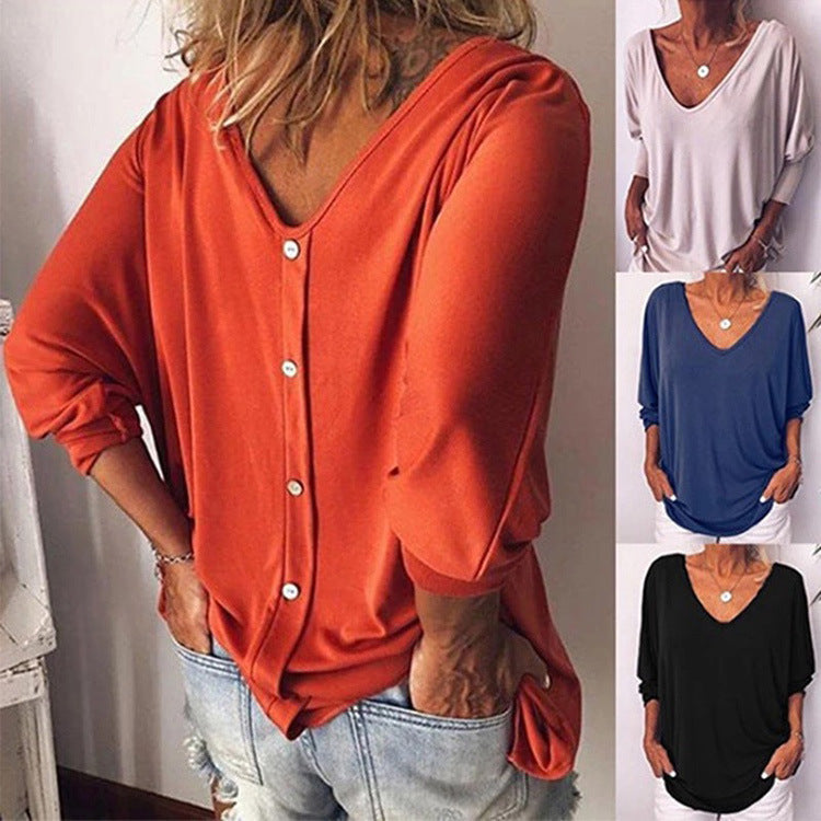 V-neck bat long sleeve back button T-shirt - Clevecorner