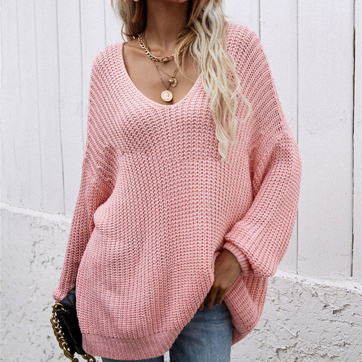 Women's V-Neck Solid Color Pullover Sweater