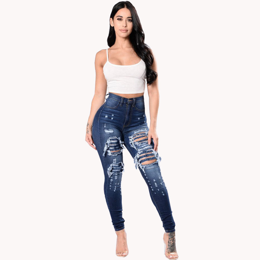 Women's Ripped Denim Washed Denim Pants - Clevecorner