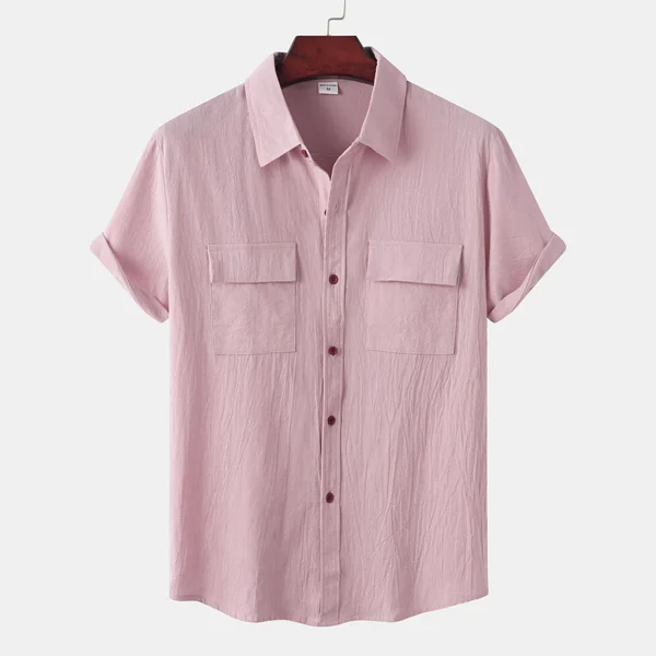 Men's Solid Color Casual Cotton Linen Short Sleeve Shirt