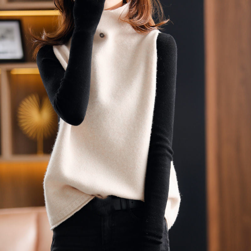 Women's High Collar Button Solid Color Knitted Vest - Clevecorner