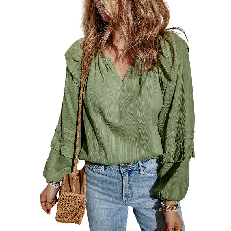 V-Neck Ruffled Puff Sleeve Pullover Shirt in Solid Color