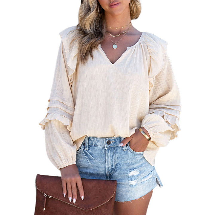 V-Neck Ruffled Puff Sleeve Pullover Shirt in Solid Color
