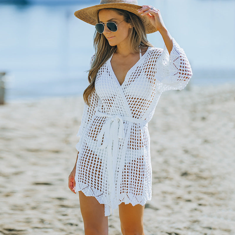 Women's New Knitted Crochet Cutout Tie Beach Blouse - Clevecorner