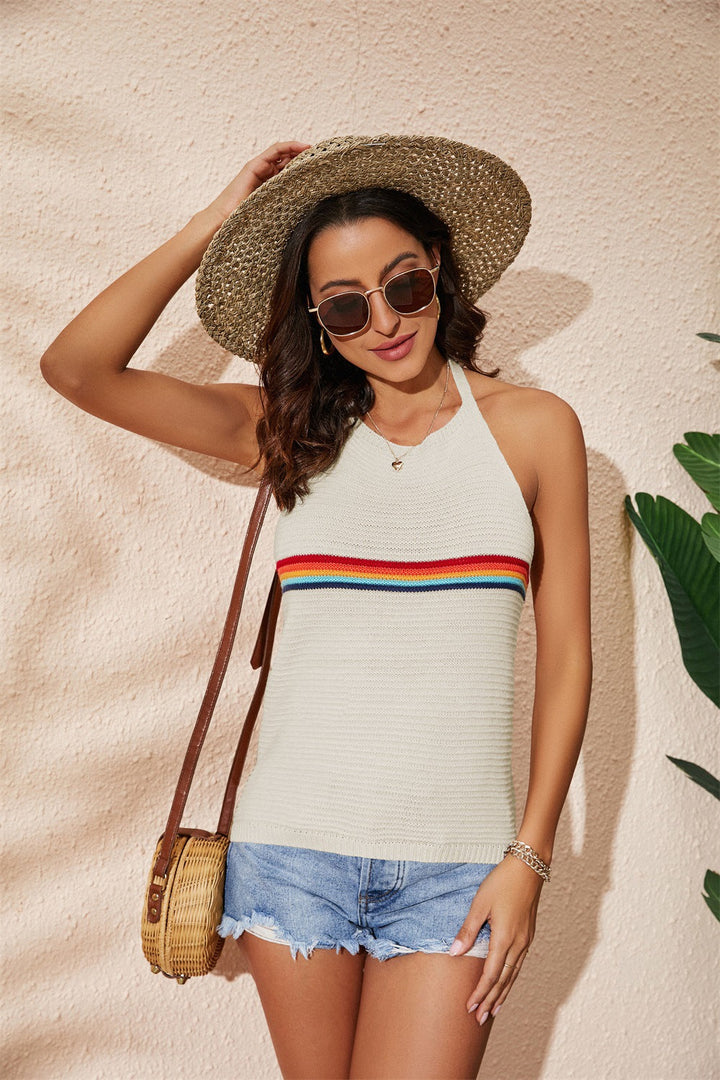 Rainbow Color Stripe Halter Backless Knitted Lace-up Vest