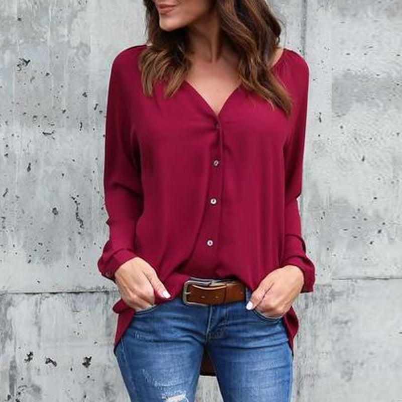 V-neck pleated button chiffon shirt - Clevecorner