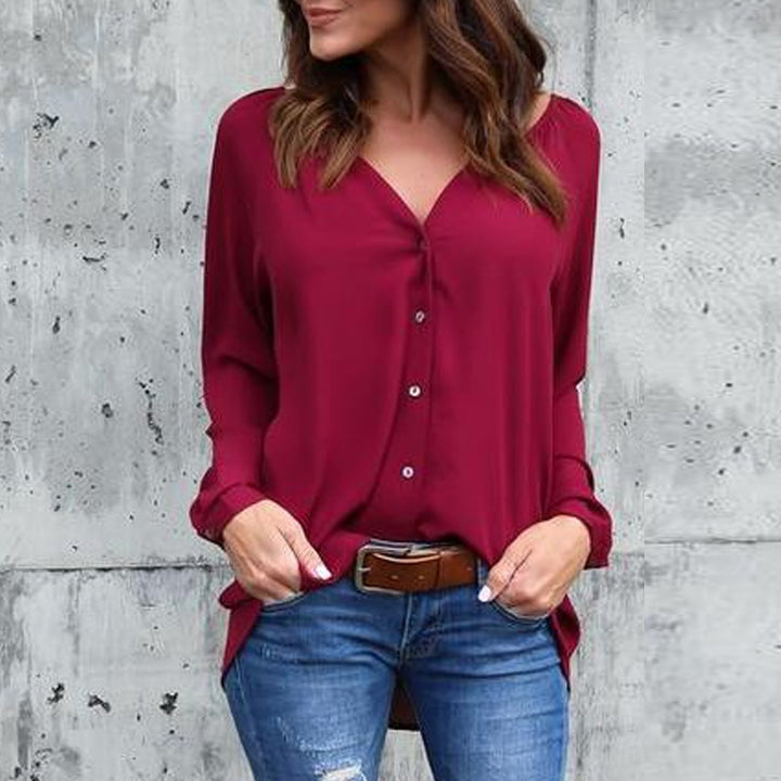 V-neck pleated button chiffon shirt - Clevecorner