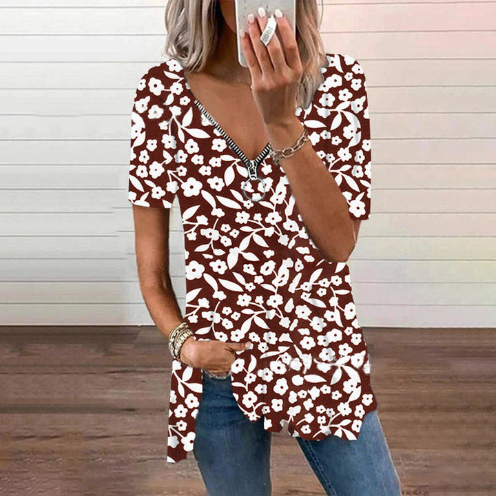 Women's V-neck Zipper Loose Floral T-shirt - Clevecorner