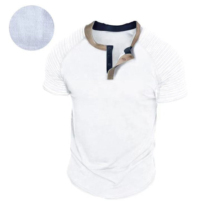 Button Neck Short Sleeved Men's Casual Pleats