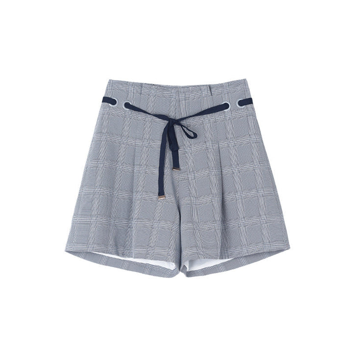 Women Plaid Wide Thigh Shorts - Clevecorner