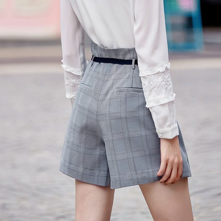 Women Plaid Wide Thigh Shorts - Clevecorner